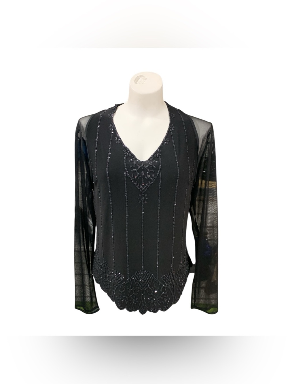J.B.S. Black Beaded V-Neck Long Sleeve Top Size M